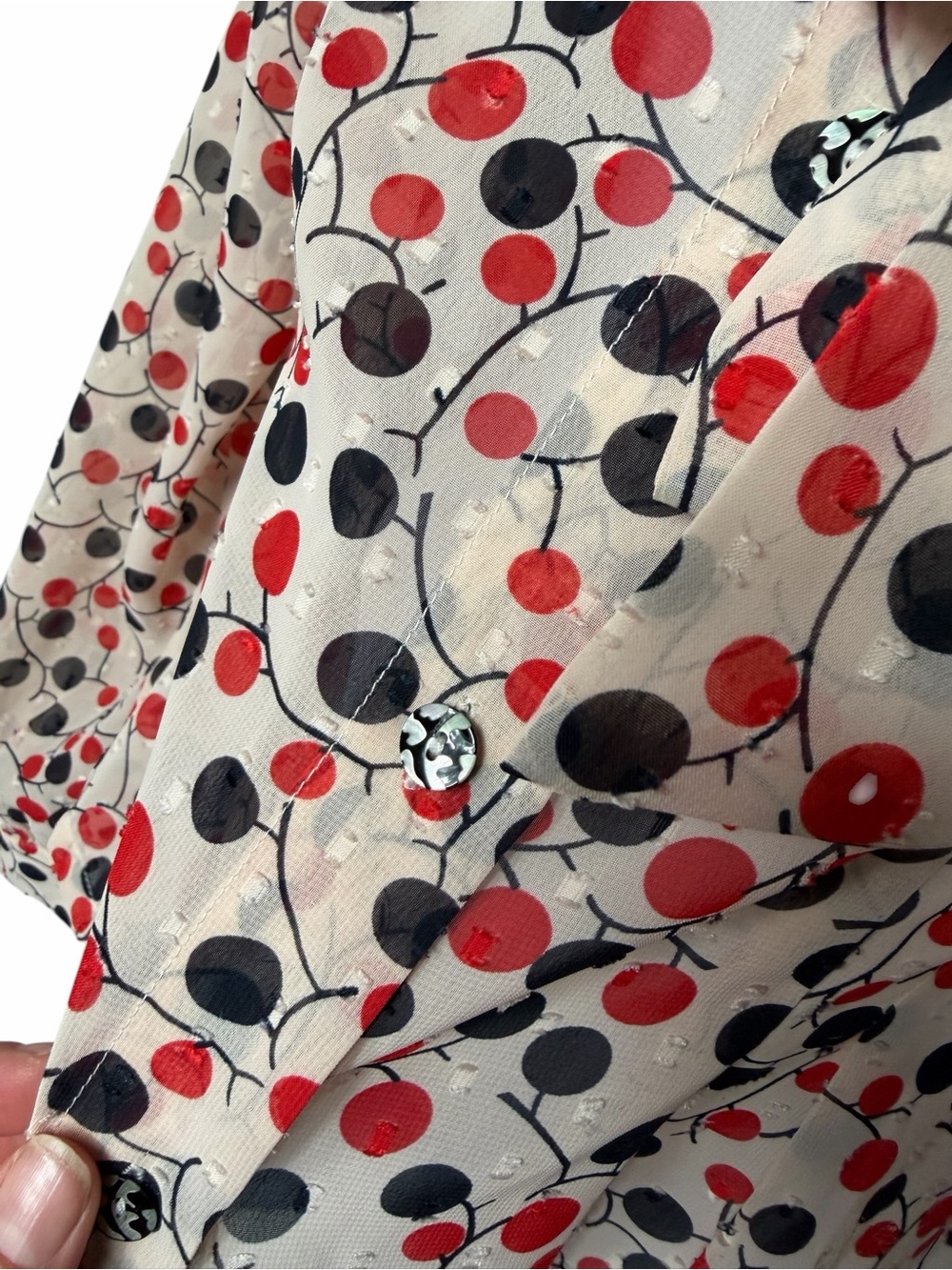 Sheer Blush/Tan With Red And Black Bettie Page By Tatyana Blouse Size Large - Picture 5 of 8